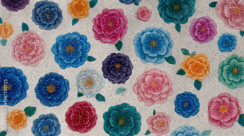 Colorful floral pattern with various small flowers in pink blue purple and green tones creating cheerful and vibrant decorative background