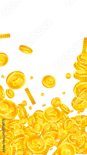 British pound coins falling. Scattered gold GBP