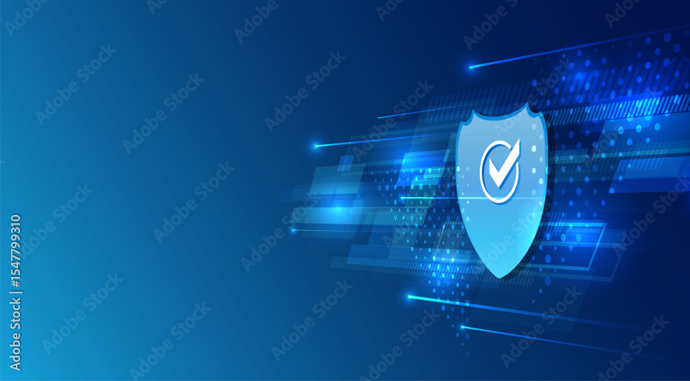 Obraz premium Abstract background with a blue shield in the center. Symbol of data protection, digital security and reliable system. Modern and technological background, for banner and presentation.