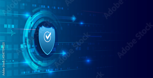 Technological background with a shield in the center, and arrows and stripes symbolizing security and information transfer, data protection and reliable digital infrastructure. Modern cyber theme.