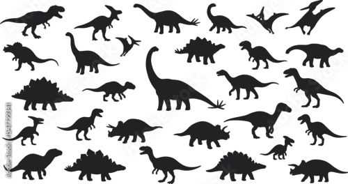 Fototapeta Silhouette dinosaurs vector collection, prehistoric animal set, black dinosaur icons for kids, dinosaur clipart, T-Rex, Triceratops, Stegosaurus, flying dinosaur, Jurassic theme illustration, 
