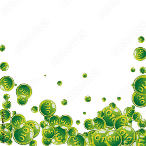 Vitamin Q10 round capsules scattered randomly.