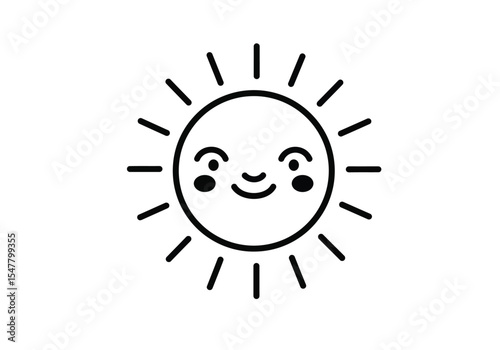 Cute sun drawing. It is a black and white outline sketch of a cute sun with a happy face, perfect for children's designs. Vector sketch line art draw.