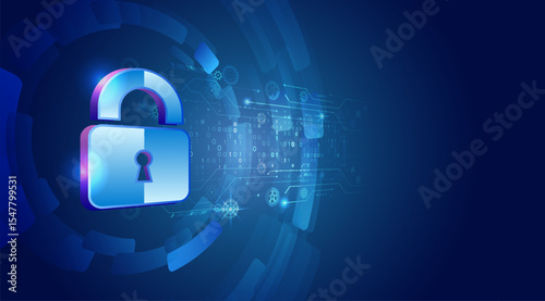 Digital illustration with a blue background depicting a padlock surrounded by gears, circuits and binary code. Ideal for cybersecurity and data protection themes.