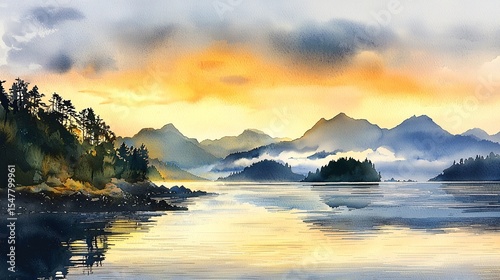 Watercolor landscape sunrise