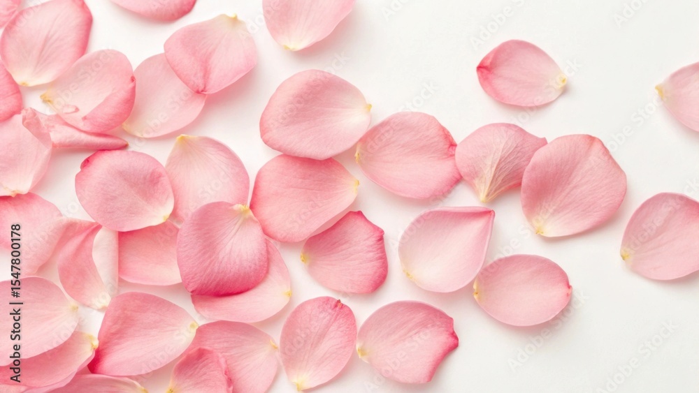 Fototapeta premium Scattered pink rose petals on a white surface.