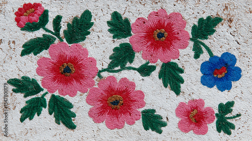 Bright and vivid blue and orange floral arrangement with detailed petals and leaves on textured vintage background creating elegant and artistic botanical design