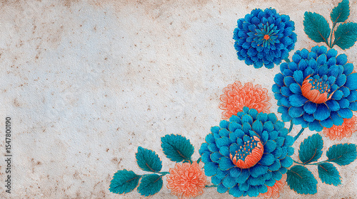 Bright and vivid blue and orange floral arrangement with detailed petals and leaves on textured vintage background creating elegant and artistic botanical design