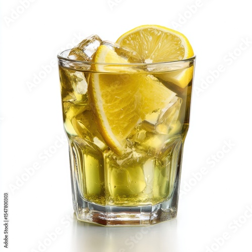 Refreshing cold lemon water in a glass with ice cubes, slices of fresh lemon, bright yellow color, beverage on a white background, hydrating drink