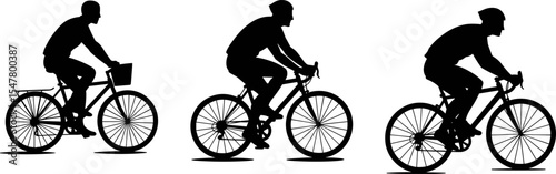 Silhouette cyclist riding bicycle, black vector illustration of man biking, fitness transportation concept, active lifestyle art, sport commuting graphic, road bike exercise symbol, 