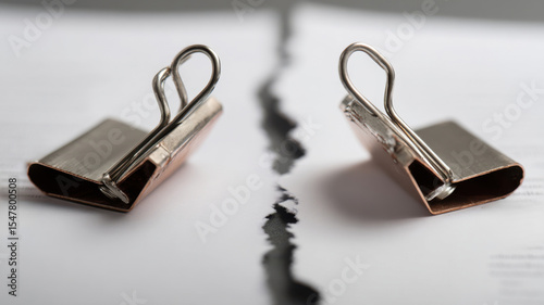 Two binder clips on a torn piece of paper symbolizing separation or division.