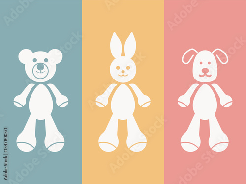 Plush animals toy flat icon. Vector Teddy bear, rabbit and dog plush toy. Minimal element design for logo sign vector illustration. Child and toy, Animal sign, Vector graphics.
