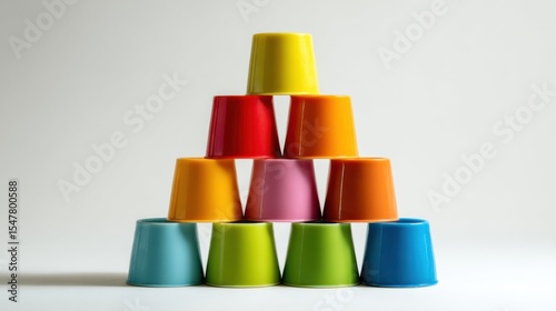 A colorful pyramid made of stacked cups, showcasing a vibrant array of hues and creative arrangement