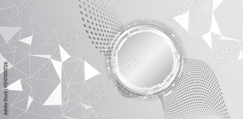 Abstract grey tech background with futuristic circular interface, dotted wave patterns and polygonal grid. Perfect for innovation, presentations and high-tech design concepts.