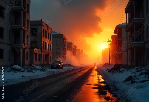 A striking sunset illuminates a desolate, snow-covered street lined with buildings, featuring a lone car and a fiery sky reflecting on the wet asphalt.