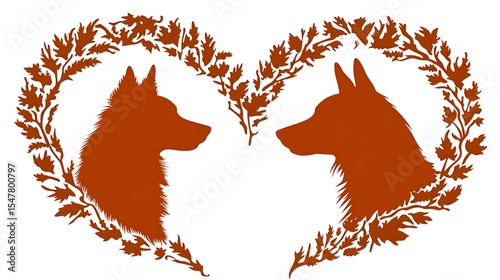 Two dogs facing each other in a heart shaped floral wreath
