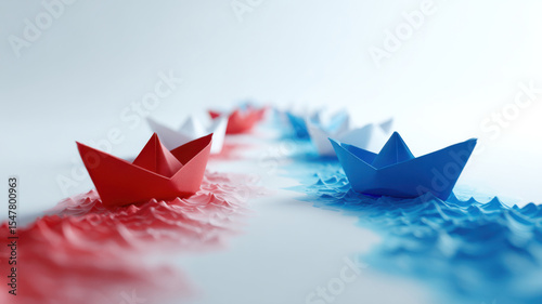 Paper boats moving into separate water channels red ocean and blue ocean