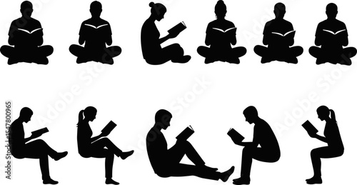 Silhouette people reading books, students study isolated vector, education concept illustration, sitting poses, literature lovers, academic lifestyle art, peaceful reading time, 