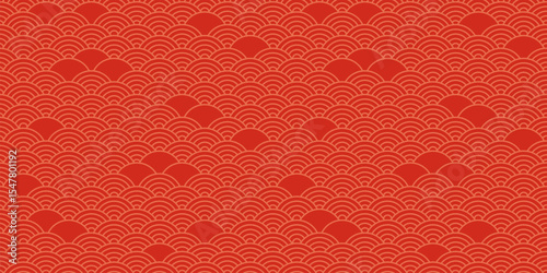 Chinese seamless pattern, Japanese wave motif, oriental red background. Asian tradition style ornament. Geometric Korean scallop print. Seigaiha cloud color bg. Vintage vector illustration