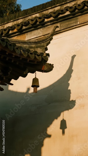 Traditional Chinese Architecture with Bell and Shadow on Wall