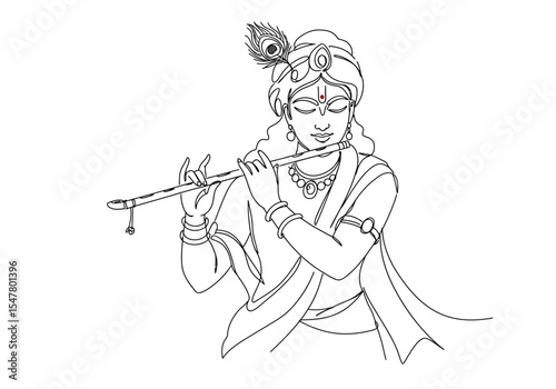 Krishna playing flute drawing. It is a black and white outline sketch of Lord Krishna playing his flute, adorned with a peacock feather. Vector sketch line art draw.