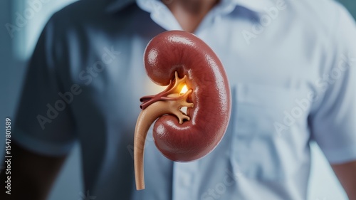 Illustration of a kidney with an inflammatory glow, held against a blurred background of a person in medical attire.