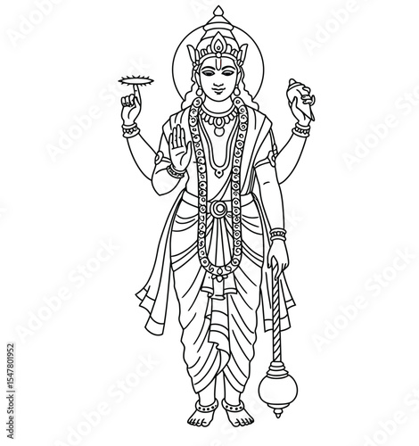 Vishnu drawing. It is a black and white outline sketch of Lord Vishnu, a prominent Hindu deity, holding his iconic attributes. Vector sketch line art draw.