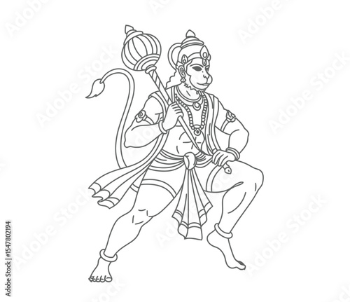 Wallpaper Mural Hanuman drawing. It is a black and white outline sketch of Hanuman, the powerful Hindu monkey god, holding a mace. Vector sketch line art draw. Torontodigital.ca