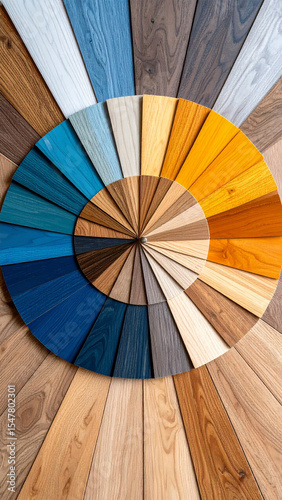 Wood Swatch Wheel: An assortment of wooden samples in a spectrum of hues arranged in a circular pattern. Displaying the range of colors and textures for flooring or carpentry projects.