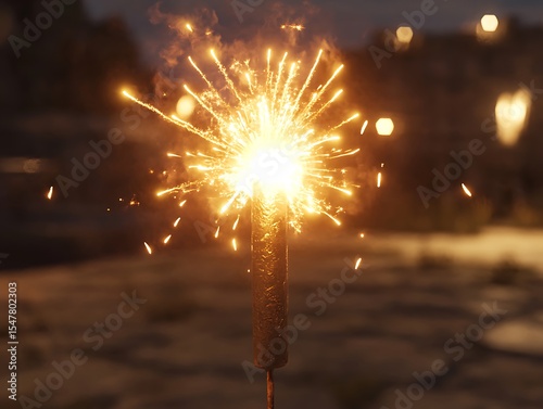 A glowing sparkler erupts with brilliant sparks in the night