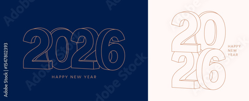 2026 3D number card set, New Year line art logo poster