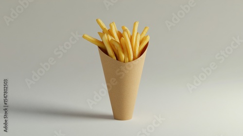 Classic french fries in a kraft paper cone with a minimalist background
