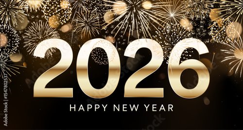 Happy New Year 2026, gold fireworks card background