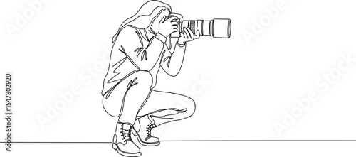 Continuous line drawing of female photographer taking a photo, professional woman with camera, kneeling pose, creative artist concept, modern minimalist illustration, digital sketch artwork