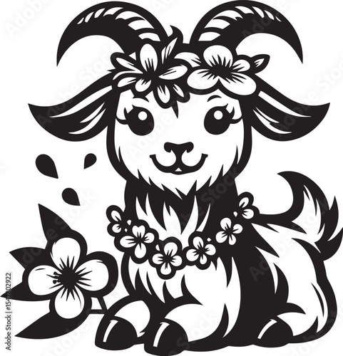 Adorable Goat Kid Cartoon Design Flower Crown Cute Animal Illustration Perfect for Children's Books and Greeting Cards