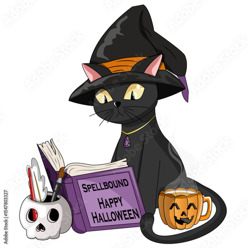 Black Cat Witch Reading Spell Book with Pumpkin Latte and Skull – Cute Halloween Illustration