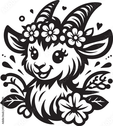 Adorable Goat Kid Cartoon Design Flower Crown Cute Animal Illustration Perfect for Children's Books and Greeting Cards