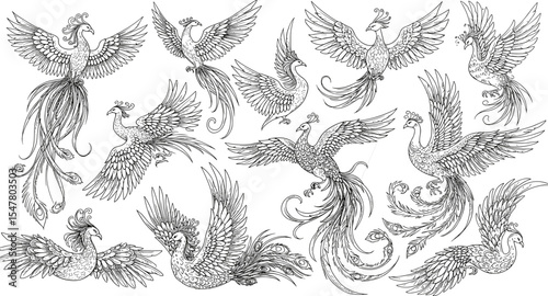Hand drawn phoenix bird collection, decorative mythical birds, intricate line art, fantasy animal illustration, flying legendary creature, black and white artwork, tattoo design inspiration, 