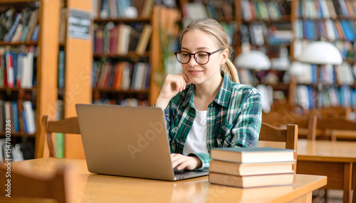Scholar in the Library: A student, illuminated by soft natural light, is absorbed in her work, engrossed in the task before her. Surrounded by the towering shelves of a library.