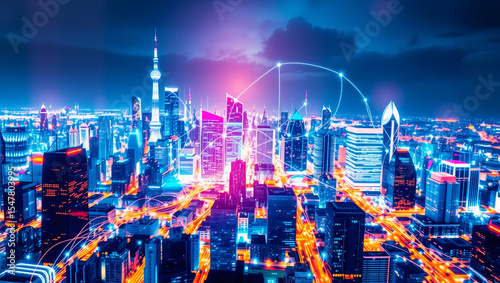A futuristic cityscape at night, with glowing buildings and interconnected lines, symbolizing smart city technology.