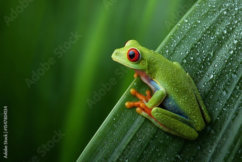 a red eyed tree frog clinging to a vibrant, dew covered leaf in the Costa Rican rainforest, its bright colors a stark contrast to the lush green surroundings, macro wildlife photography