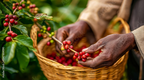 Farmers harvesting Coffee beans of Arabica tree on Coffee tree, Coffee bean single origin worlds class specialty.Agriculturist harvesting Robusta and Arabica coffee berries by hands