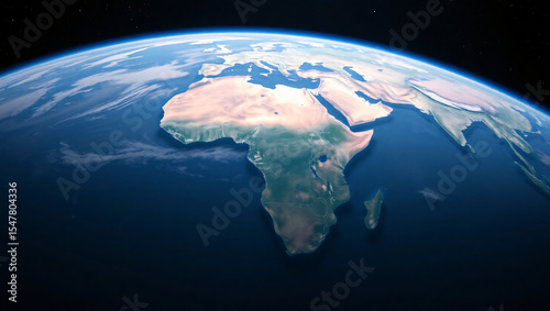 This is an image of Earth from space, showcasing the African continent, parts of Europe, Asia, and surrounding oceans.