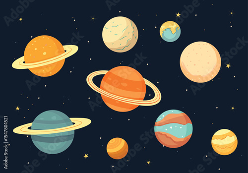 Cartoon planets with rings and textures on dark starry background. Flat vector illustration in seamless pattern style. Solar system and astronomy concept for design and wallpaper