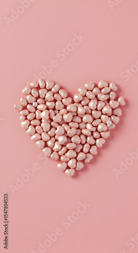 Pink heart shape formed by many small, heart-shaped, rose gold candies on a soft pink surface. Love-themed visual with elegant aesthetic.
