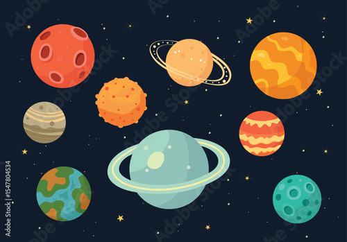 Colorful cartoon planets with rings, craters, and textures on dark starry background. Flat vector seamless pattern illustration. Outer space and astronomy concept for design and wallpaper