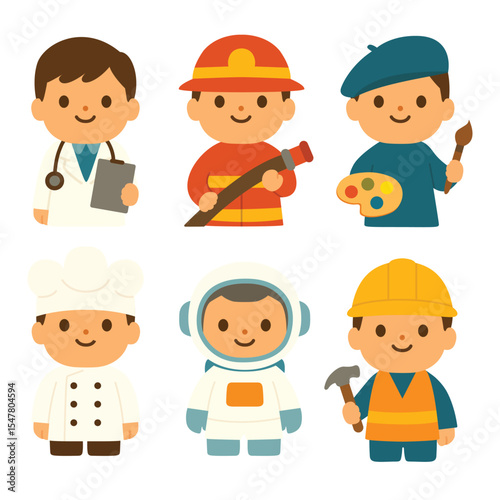 Cartoon children dressed as doctor, firefighter, artist, chef, astronaut, and builder on white background. Flat vector illustration in character design style. Childhood professions and career concept 