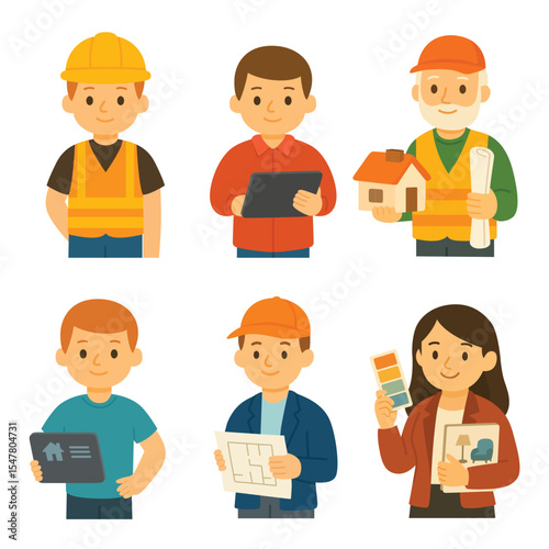 Cartoon characters representing construction worker, architect, engineer, real estate agent, planner, and interior designer on white background. Flat vector illustration in character design style