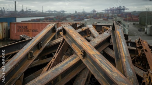 Stacked Metal Beams in an Industrial Port Area