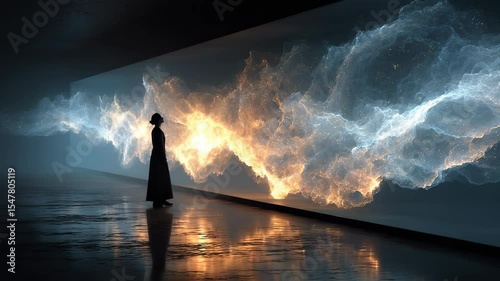 Woman in Silhouette Contemplating Abstract Energy Cloud Display in Modern Dark Gallery with Reflective Floor, Conceptual Art